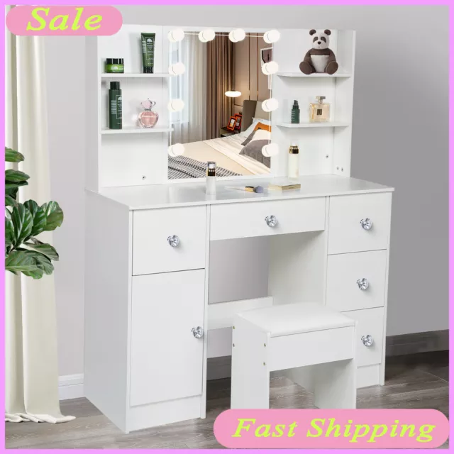 Vanity Table Makeup Dressing Set Dresser Desk+Stool LED Lighted Mirror 10 Bulbs