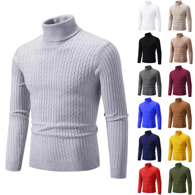 Mens Knitted Turtle High Neck Jumper Long Sleeve Polo Roll Pullover Sweater Tops 3