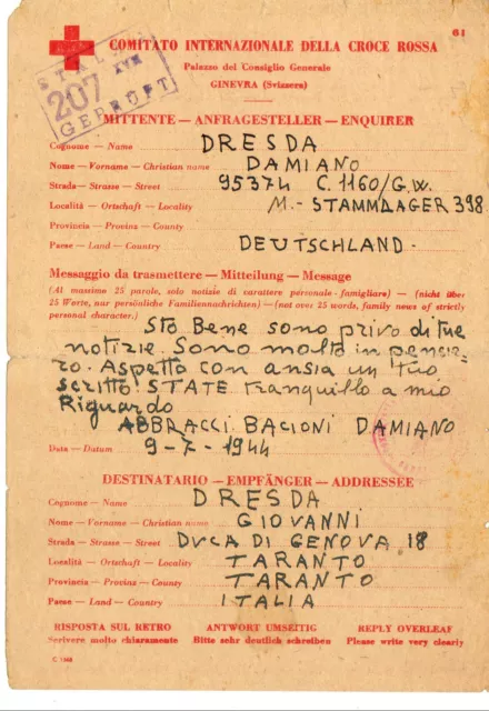 Red Cross - Prisoner Message In Germany Stalag Xvii For Taranto-9/7/1944