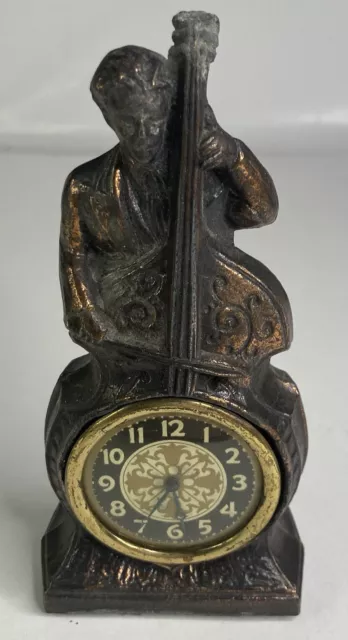 Vintage Antique Brass Small Mantle Man Playing Cello Alarm Clock - For Repair