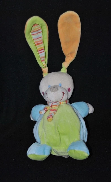 Peluche doudou lapin chien boule vert bleu  MOTS D'ENFANTS écharpe rayée TTBE