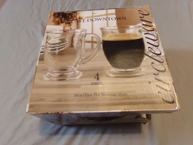 Circleware Cafe' Downtown Heat Resistant Set Of 4 Glass Coffee Mugs Handles NIB