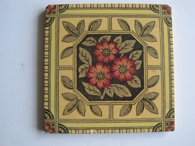 Antique Victorian 6" Sq. Transfer Print & Tint Floral Tile - Triple Red Flowers