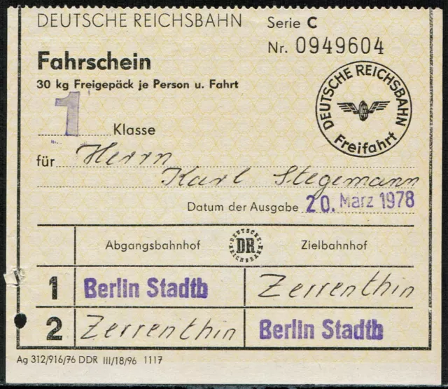 DR Fahrkarte Freifahrschein 1. Klasse Berlin - Zerrenthin 1978
