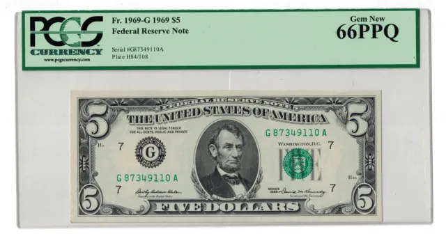 1969 $5 Five Dollars Green Seal Federal Reserve Note Fr-1969-G