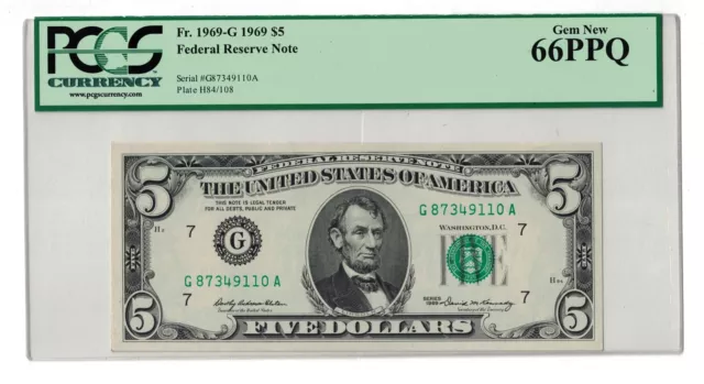 1969 $5 Five Dollars Green Seal Federal Reserve Note Fr-1969-G