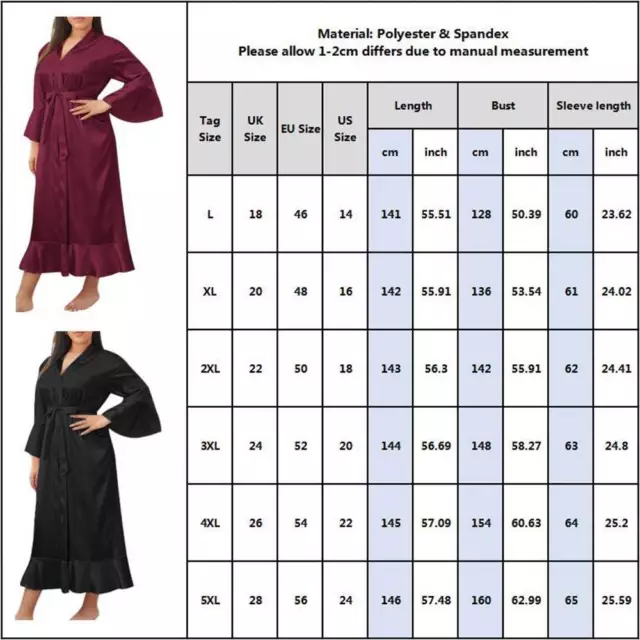 Plus Size Womens Sexy Satin Silk Lingerie Robe Ladies Dressing Gown Night Dress 2