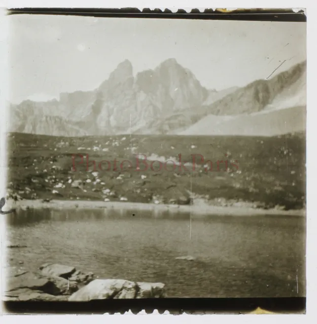Lac au col de la Vanoise Montagne 1929 Photo Stereo Plaque de verre Cassée 