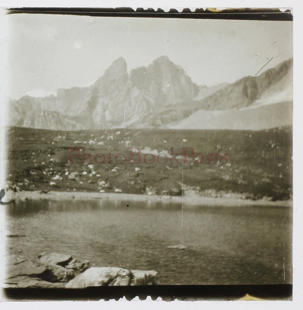 Lac au col de la Vanoise Montagne 1929 Photo Stereo Plaque de verre Cassée 