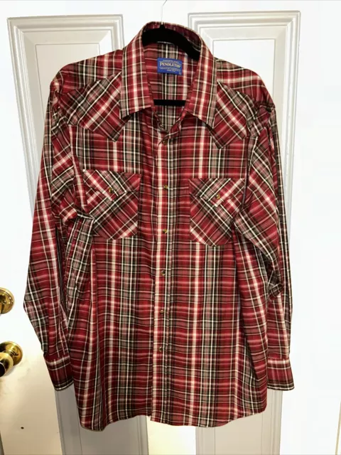 PENDLETON FRONTIER WESTERN Pearl Snap Shirt Mens Large Red Plaid Long ...