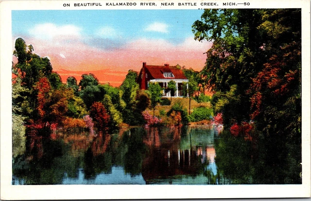 Vtg Battle Creek Michigan MI Beautiful Kalamazoo River 1930s Linen View Postcard