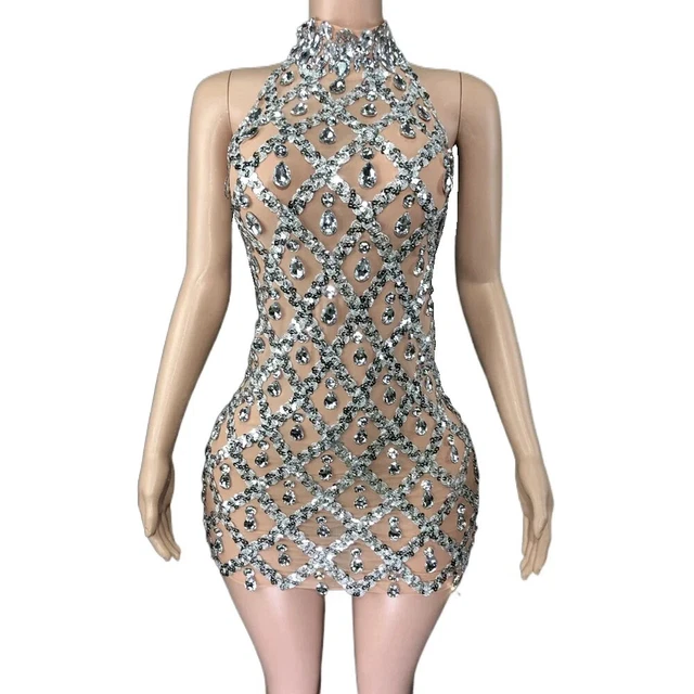 Women Sparkly Silver Sequins Short Dress Sexy Sleeveless Dresses Singer Wear