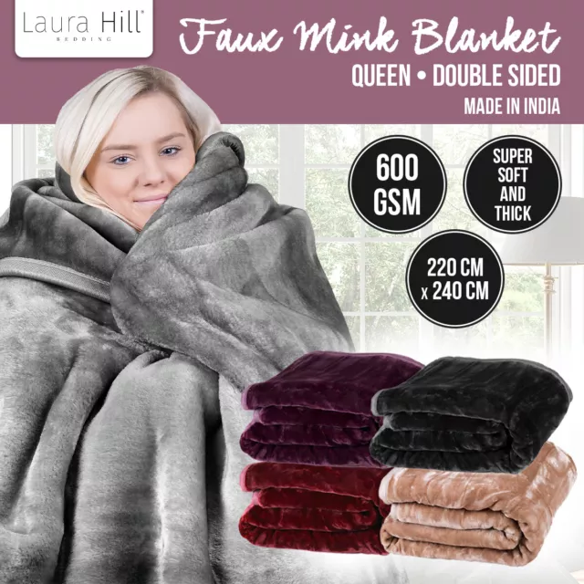 Laura Hill 220 X 240cm Mink Blanket Double Sided Queen Bed Faux Throw Rug 600GSM