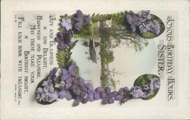 Real photo Birthday sister with message, floral and boat on lake rotary