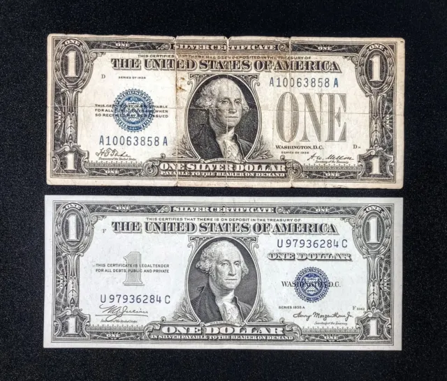 1928-A Funny Back $1 Dollar Bill Silver Certificate & 1935 Series A Silver Note