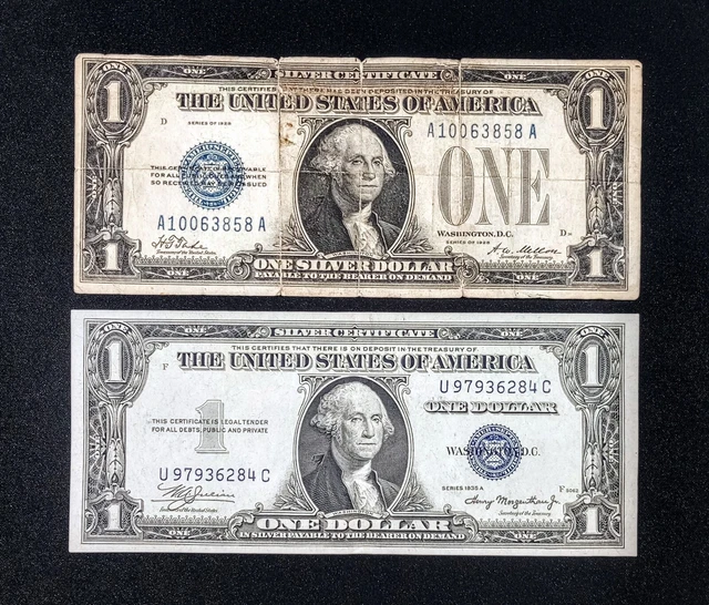 1928-A Funny Back $1 Dollar Bill Silver Certificate & 1935 Series A Silver Note
