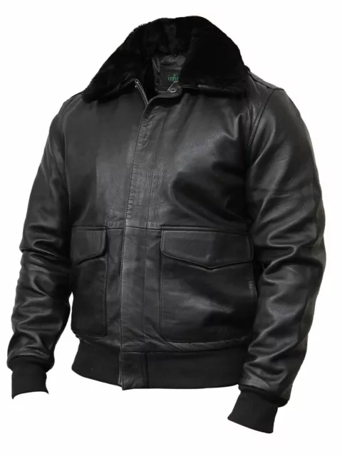 Men's Real Leather Black Bomber Jacket With Removable Fur Collar