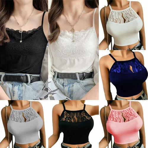 Ladies Plain Vest Top Lace Trim Neck Design Cami Strappy Camisole Tank T shirt