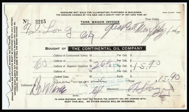 Great Falls MT Continental Oil Company Tank Wagon Payment Invoice 1916  e2-7