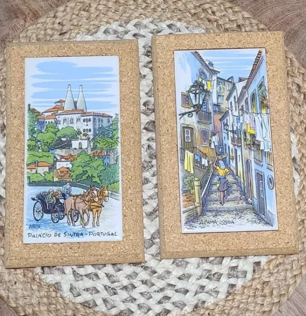 Set Of 2 Tino Hand Painted Ceramic Tiles On Cork  Portugal Lisboa Signed