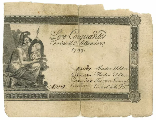 50 Lire Regno Di Sardegna Regie Finanze Torino 01/09/1799 Mb
