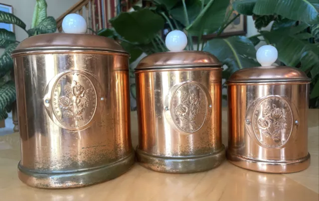 Vintage Cook’s Bazaar 3 Pc Copper Kitchen Canister Set Roses Porcelain Knob