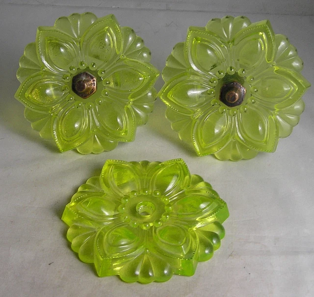 2~Vintage Yellow Vaseline Glass Curtain Tie Backs Plus EXTRA  Glass 4 1/2" x 4"