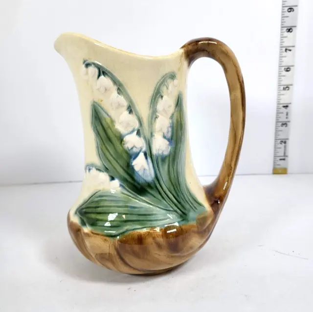 FFAS French Majolica Pitcher Cream Brown Green with Lillies Made in France