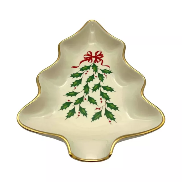 Lenox Holiday Porcelain 8" 24KT Gold Trim Christmas Tree Candy Dish Holly Berry