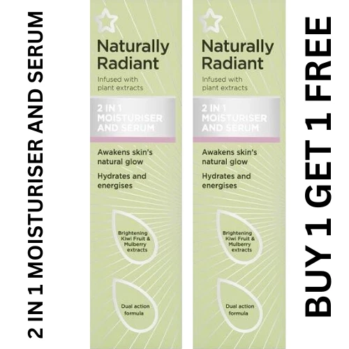 2 X Superdrug Naturally Radiant 2 in 1 MOISTURISER AND SERUM 50ML,KIWI FRUIT