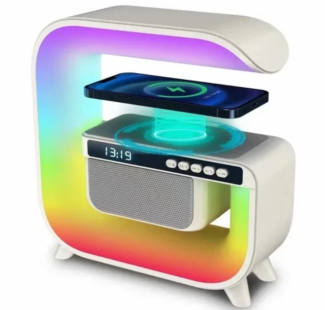 CLASHOP Lampada Da Comodino Con Ricarica Wireless Radio FM LED RGB Con 6 Modalità Di Colore Altoparlante Bluetooth AUX TF CARD SD USB Ricaricabile E Batteria Integrata - Foto 2