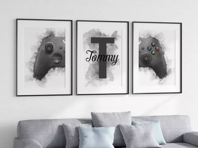 Personalised Gaming Prints Set Of 3 Watercolour Kids Gamer Bedroom Wall Art 1041