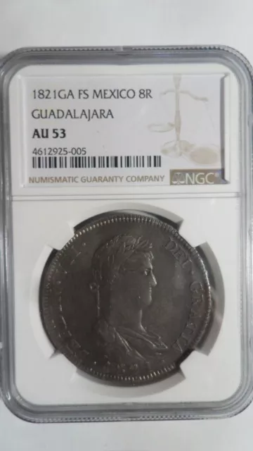 Mexico Independence War Spanish 8 Reals, 1821 GA FS / Guadalajara, NGC AU 53