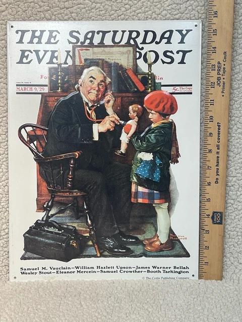 Embossed tin recreation of Norman Rockwell painting "Little GIrl with Doll"
