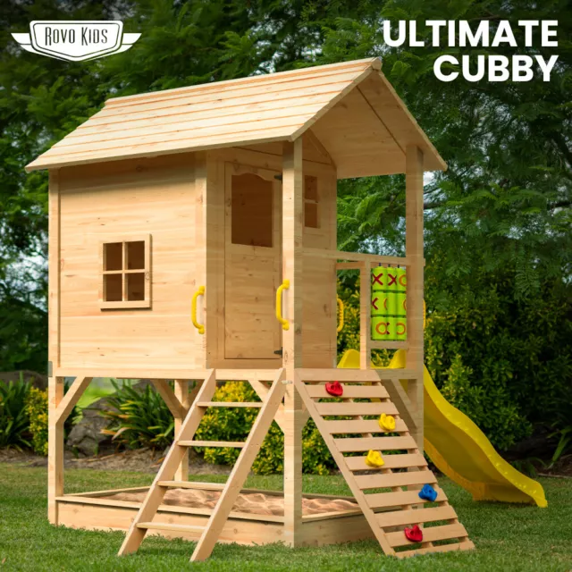 ROVO KIDS Cubby House Wooden Outdoor Playhouse Slide 2 Story Sandpit Elevated