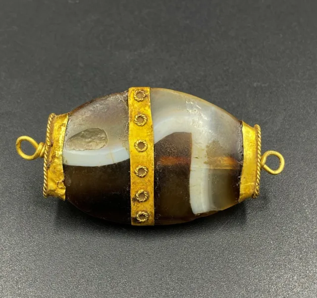 Dzi Old Beads Ancient Near Eastern Agate Bactrian Antiquity Jewelry Gold Pendant
