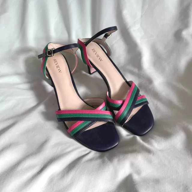 REVIEW Kaleidoscope Rainbow Strappy Mid Heel Size 39 Leather Sandal Shoes Races