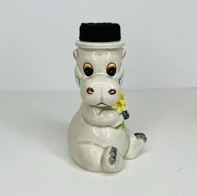 Vtg Japan Ceramic Hippo Container w/Twist-On Felt Plastic Hat 5.5" Cute Figure