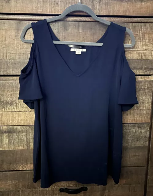 C & E Women’s Cold Shoulder Navy Blue V Neck Dressy Casual Top - Large