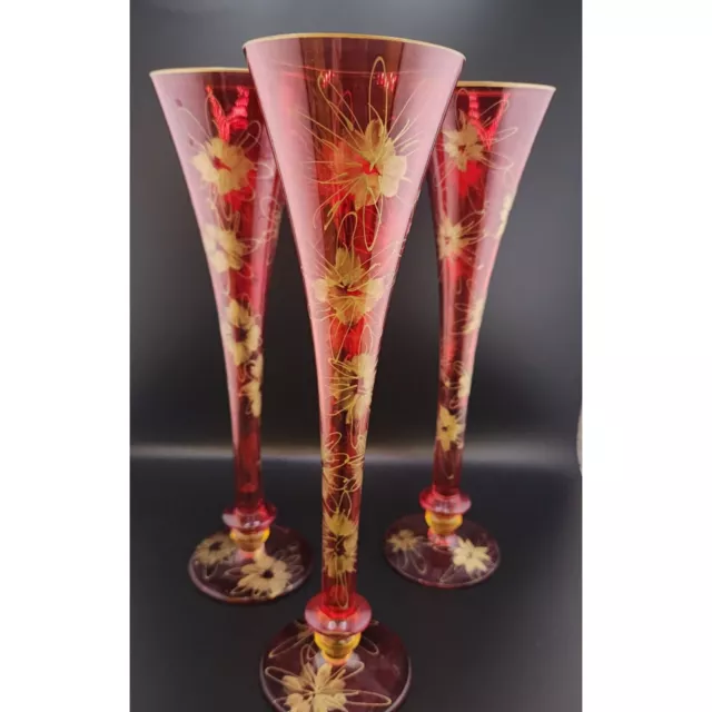 Set Of 3 Cranberry Flashed Painted Bohemian Glass Flute Vases (A6258)