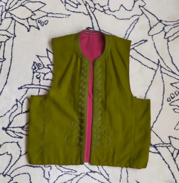 Handmade Vintage Wool Folk Waistcoat Gilet Olive Green Size Medium Reversible