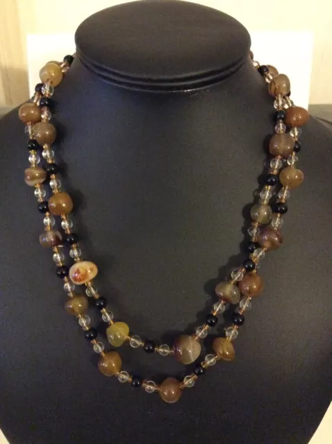 Vintage Natural Polished Agate And Quarts Bead Gemstone Long Necklace