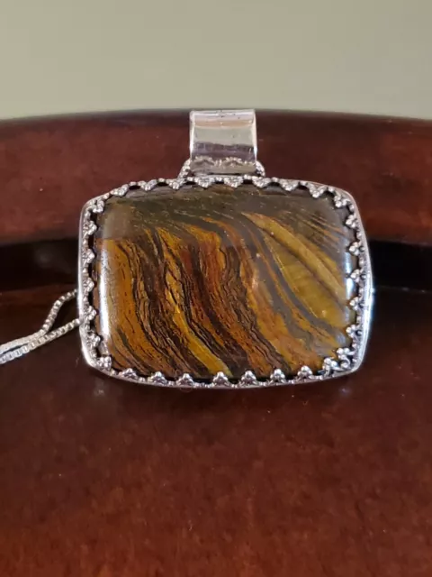 Sterling Silver TIGER IRON Necklace, Fancy Bezel, 33x23mm Cushion, 18" Chain
