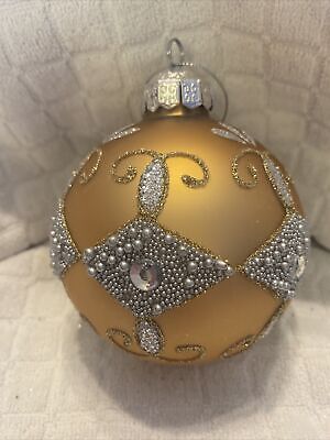 Large Blown GLASS Ball Christmas Ornament W/ Silver Beads  3.75” F