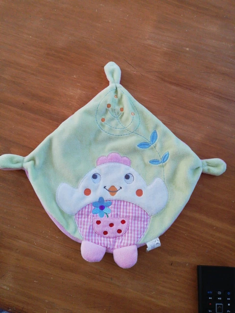 Doudou Nicotoy Plat Rose Vert Poule Poussin Oiseau Fleur Feuille Bleu Carreaux
