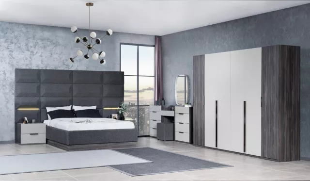 Chambre à Coucher Lit Table de Chevet Penderie Commode Avec Miroir Meuble Set