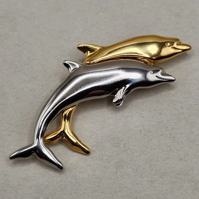 Vtg Liz Claiborne Porpoise Brooch Gold & Silver Tones Signed LCI Dolphin Pin
