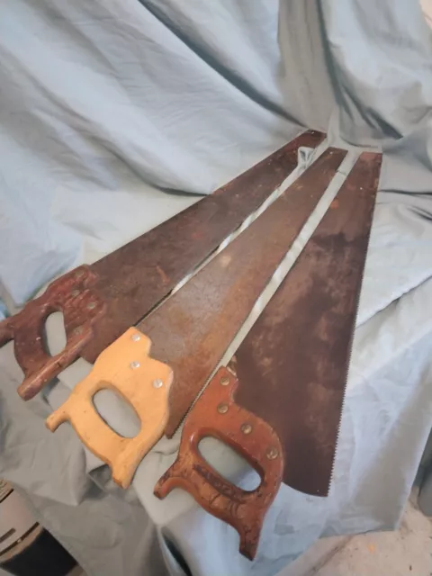 3 Vintage Hand Saws Two Disston And One Warranted Superior 28 In Long