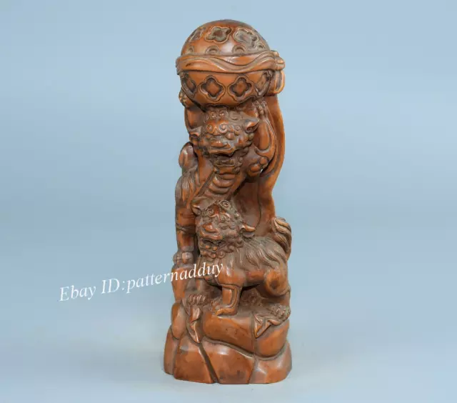 “狮子滚绣球” Treasured Wood Carved Boxwood Lion Rolling Embroidered Ball Ornaments