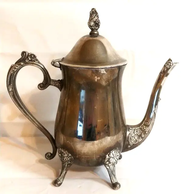 Antique Vintage Silverplated Footed Coffee Teapot w Hinged Lid 9"